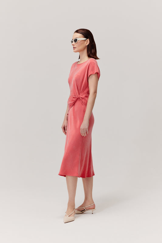 Mood Coral Red Ruched Dress