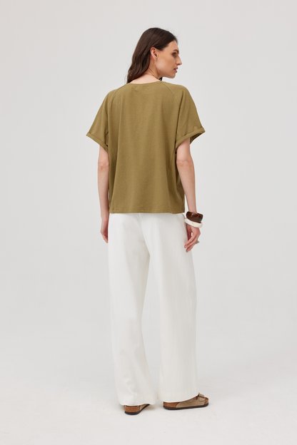 T-shirt z lnem Foster oliwkowy