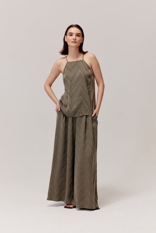 Flam olive viscose and lyocell trousers