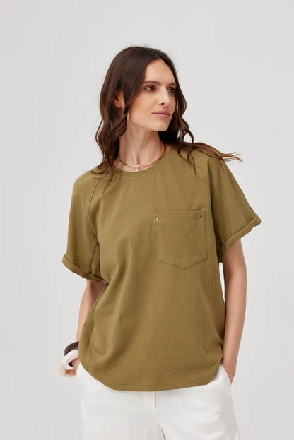 T-shirt z lnem Foster oliwkowy